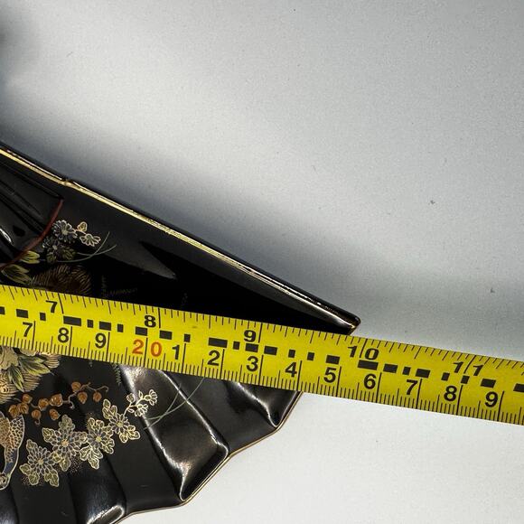 Vintage Fan Peacock And Floral Trinket Dish Japan black gold trim - Picture 7 of 7